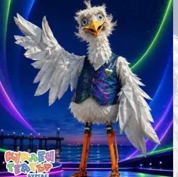 The Euro-Gull: a white gull puppet on stilts wearing a sequinned waistcoat, on a lit stage