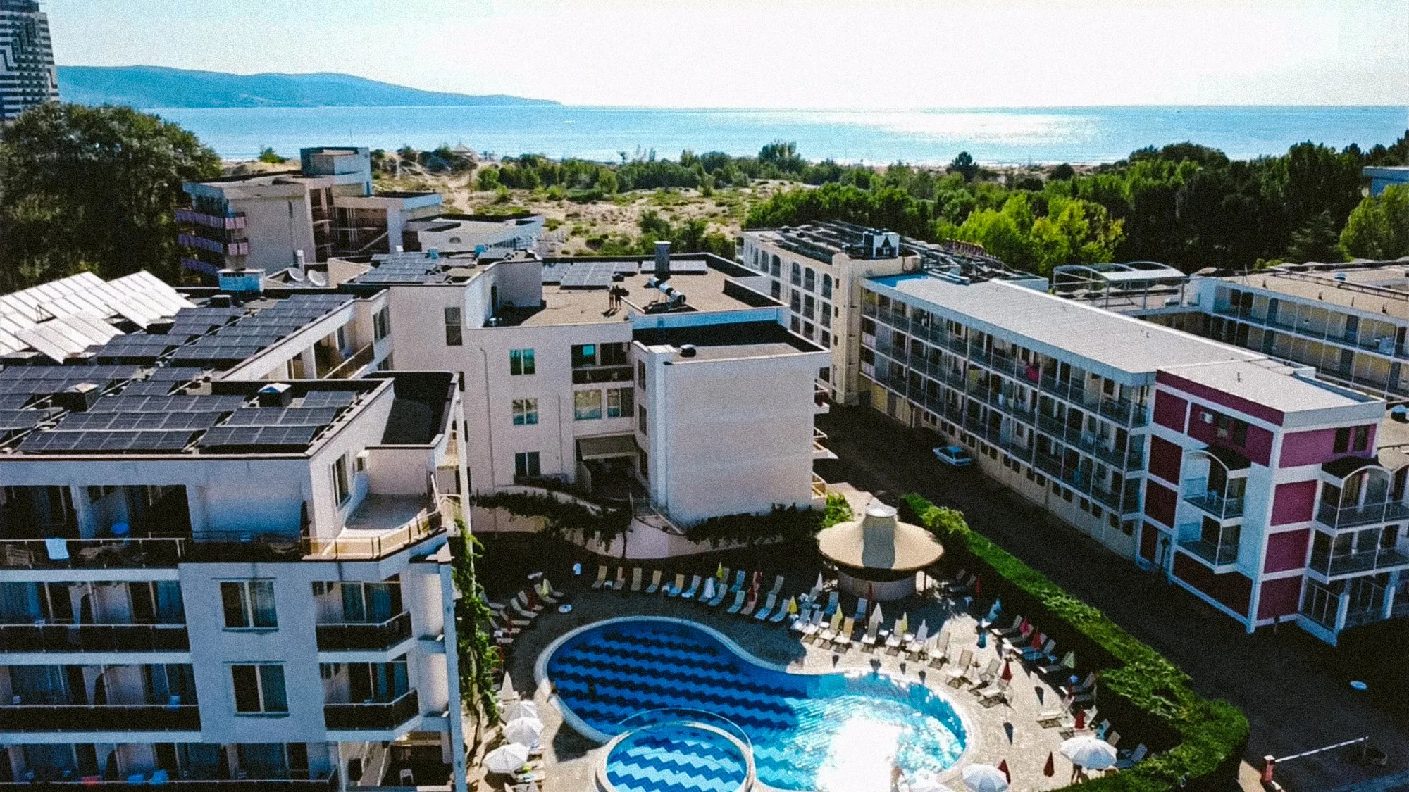 Aerial view of Golden Dune Hotel, its outdoor pool and the Black Sea