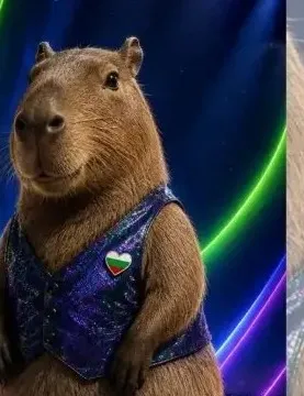 Kapi: a capybara standing upright in a sequinned waistcoat against neon lighting