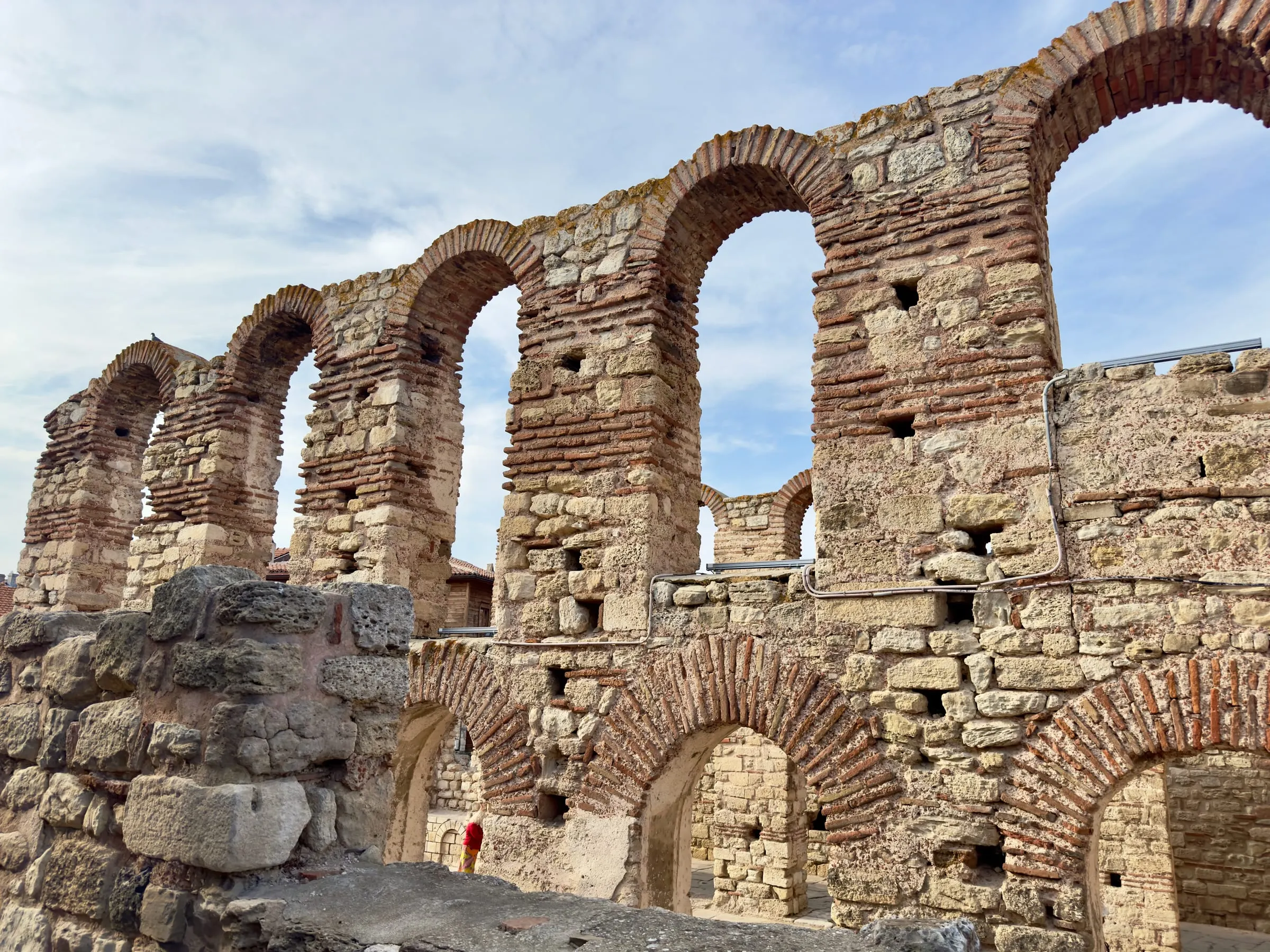 The roofless brick arches of the Hagia Sophia church ruin in Nessebar